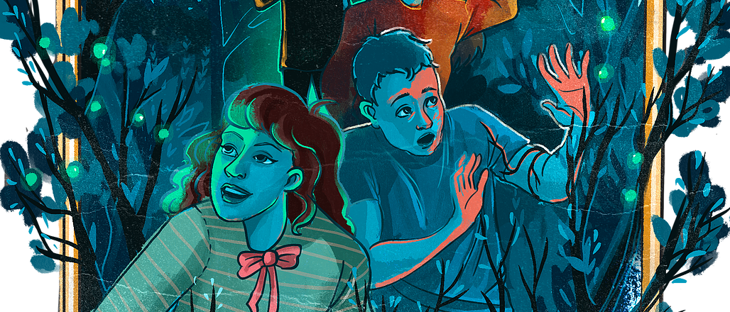 Poster image for Select A Quest featuring four young people exploring a forest. They have torches and we can see bats flying. The moon is out and we can see an owl.