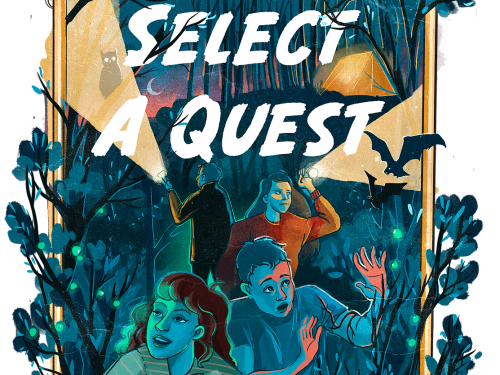 Poster image for Select A Quest featuring four young people exploring a forest. They have torches and we can see bats flying. The moon is out and we can see an owl.