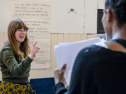 Director Anna Girvan is rehearsing with actress Lakesha Cammock.
