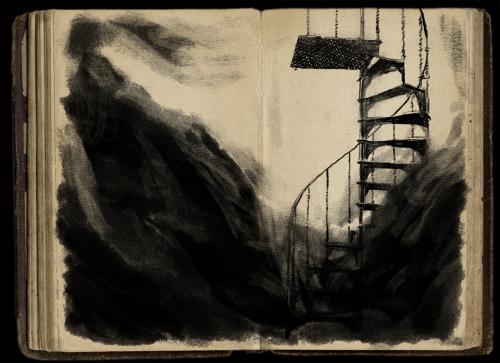 Ominous black smoke swirls around the base of a metal staircase.