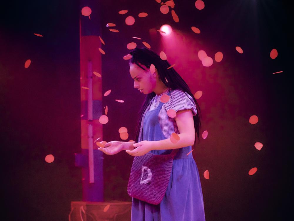 Poppy petals drop from the sky on to Dorothy.