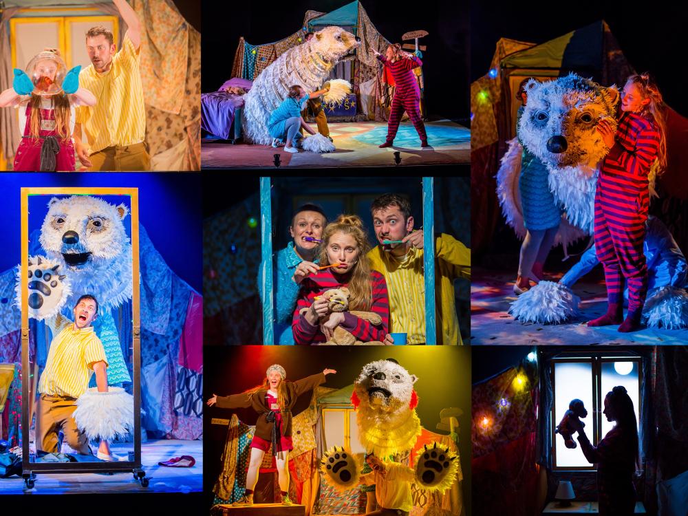 A selection of images from The Bear showing a family of three navigate living with a giant polar bear.