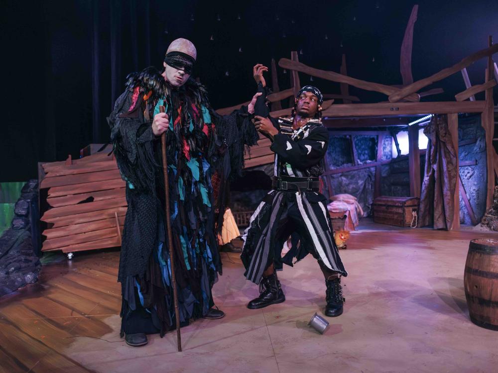 2 pirates fighting. One blind with a bald head. One with a skeleton pattern on clothing 