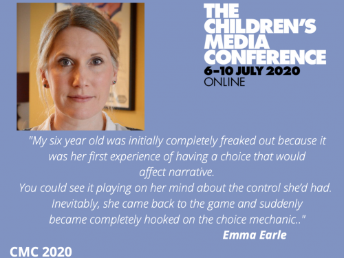 A portrait photo of a woman looking straight to camera sits left of text describing the Children's Media Conference 2020. It features a quote from the woman about how her child responded to playing interactive entertainment online. 